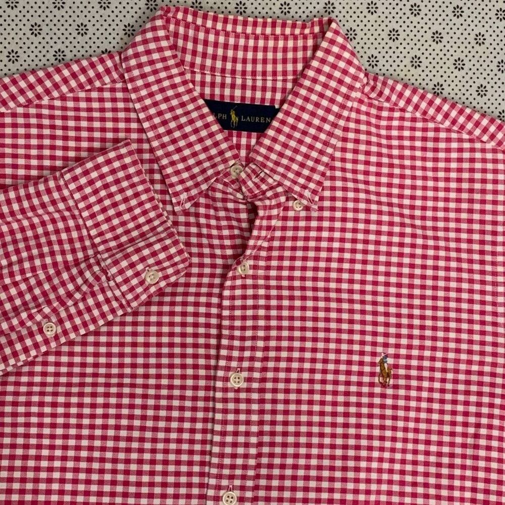 Ralph Lauren Men's XL Red White Gingham 100% Cotton Button Down Shirt